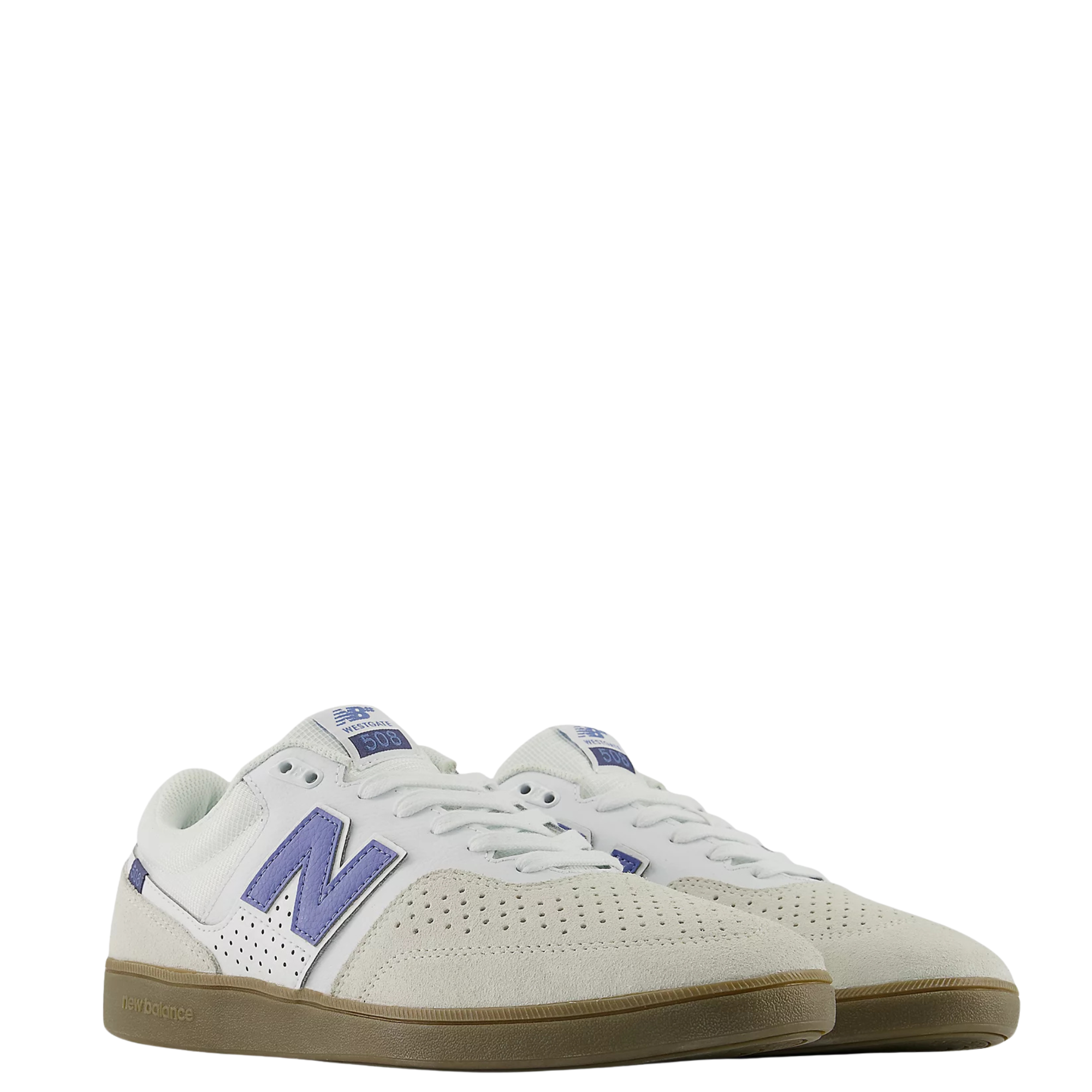 Off White New Balance Numeric 508 skateboard sneaker with blue 'N' logo on a white background