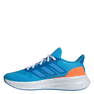 Blue adidas juniors ultrarun 5 running shoe with orange accent on a white background