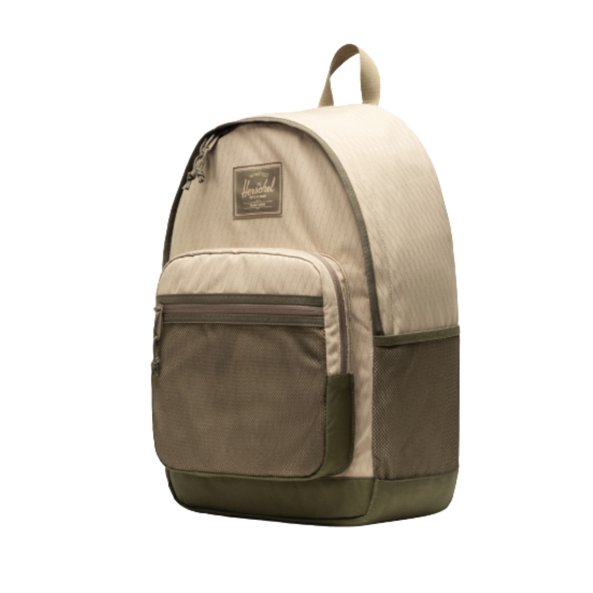 Beige herschel kaine backpack with a visible brand logo on a white background