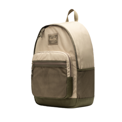 Beige herschel kaine backpack with a visible brand logo on a white background