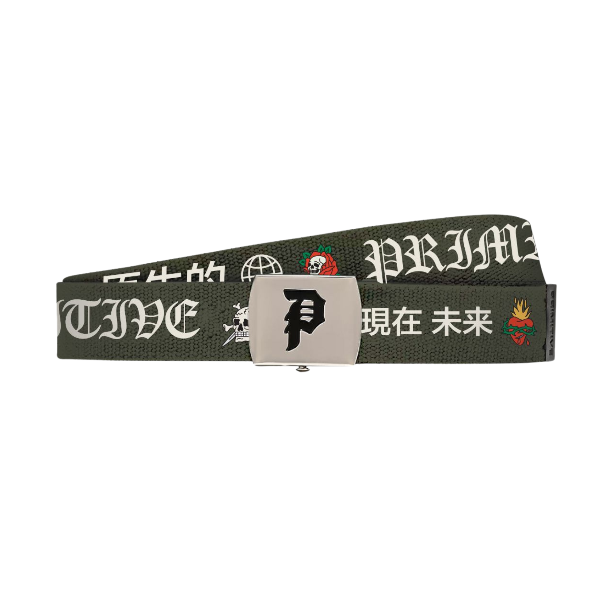 A dark olive green primitive brand woven belt with a silver metal buckle, featuring white gothic-style text and Japanese characters, along with small graphic motifs.