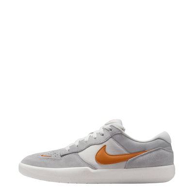 Gray NIKE SB men's force 58 sneaker with orange swoosh logo on a white background