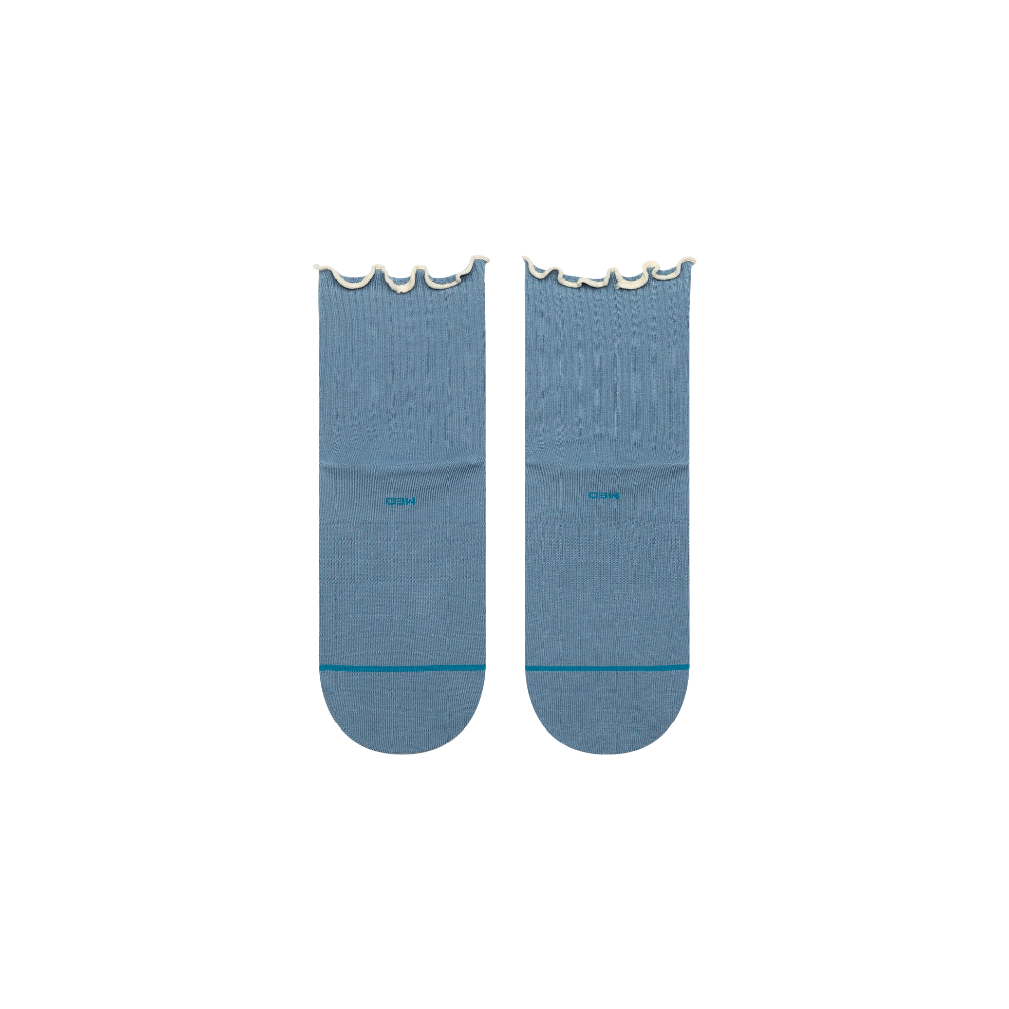 A pair of stance light blue ankle socks with scalloped ruffle edges at the top and a small white circular logo on the side, displayed against a plain white background.