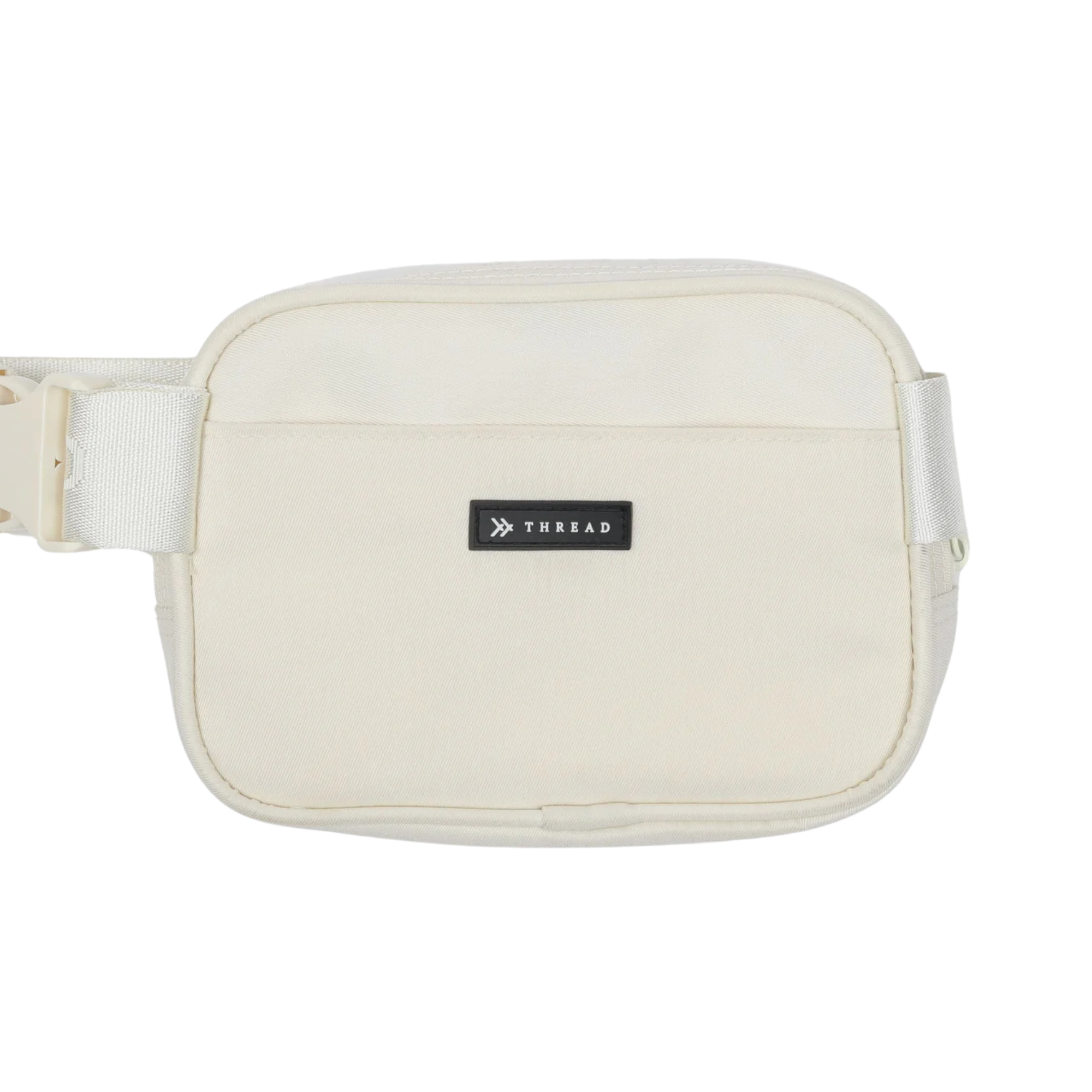 White thread waist bag with a small logo on a white background