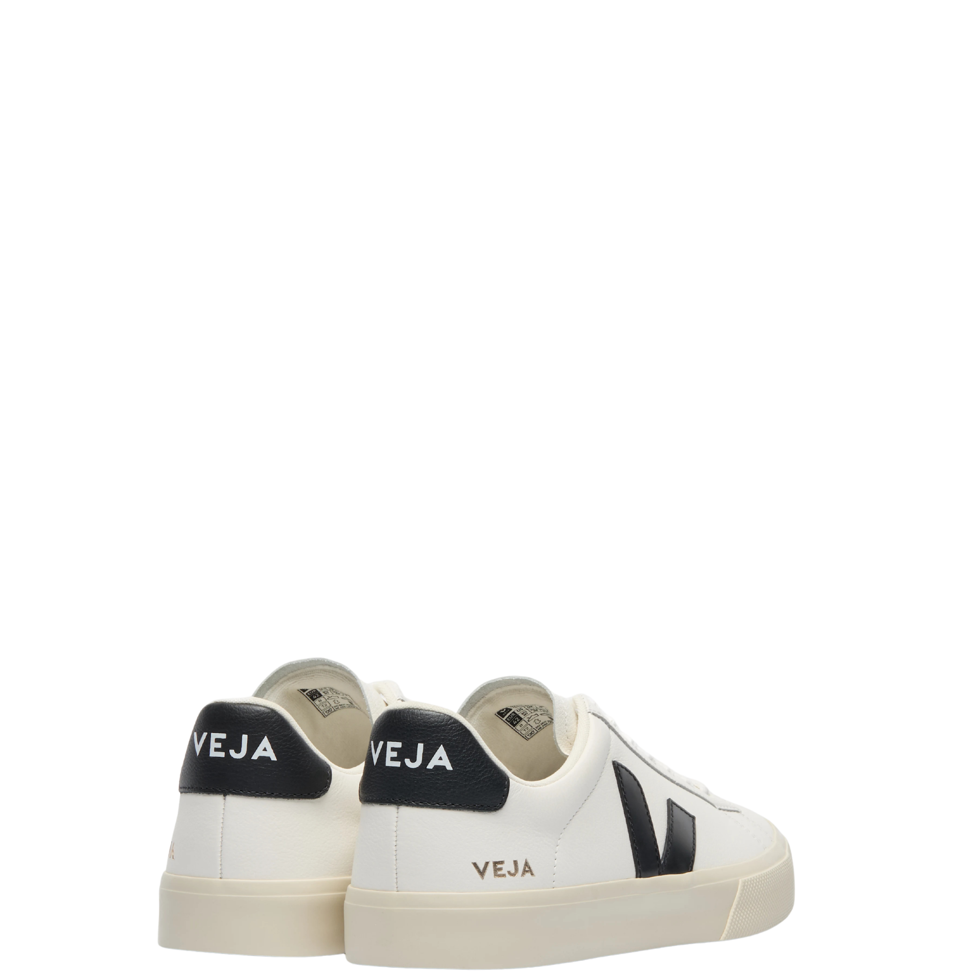 white veja campo leather shoes with black V and off white sole on a white background