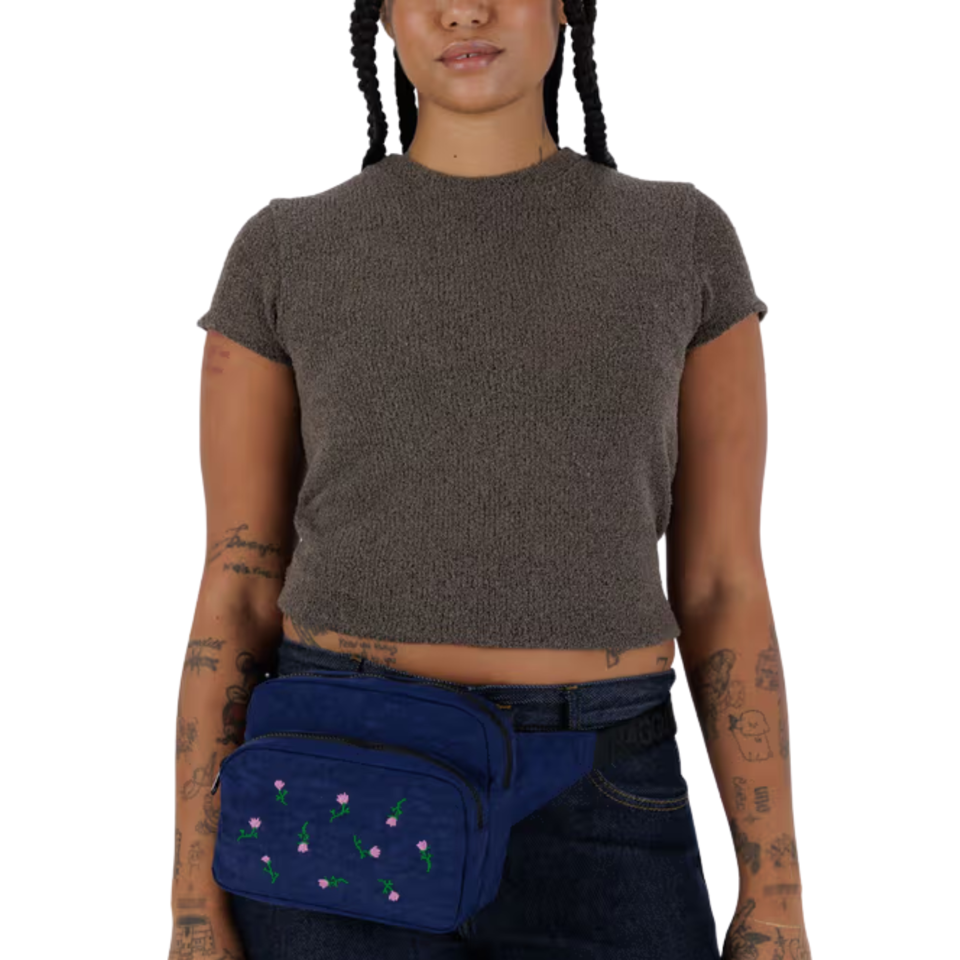Navy blue baggu fanny pack bag with floral embroidery on a white background