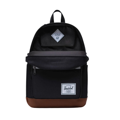 black herschel pop quiz backpack with white zipper and brown bottom