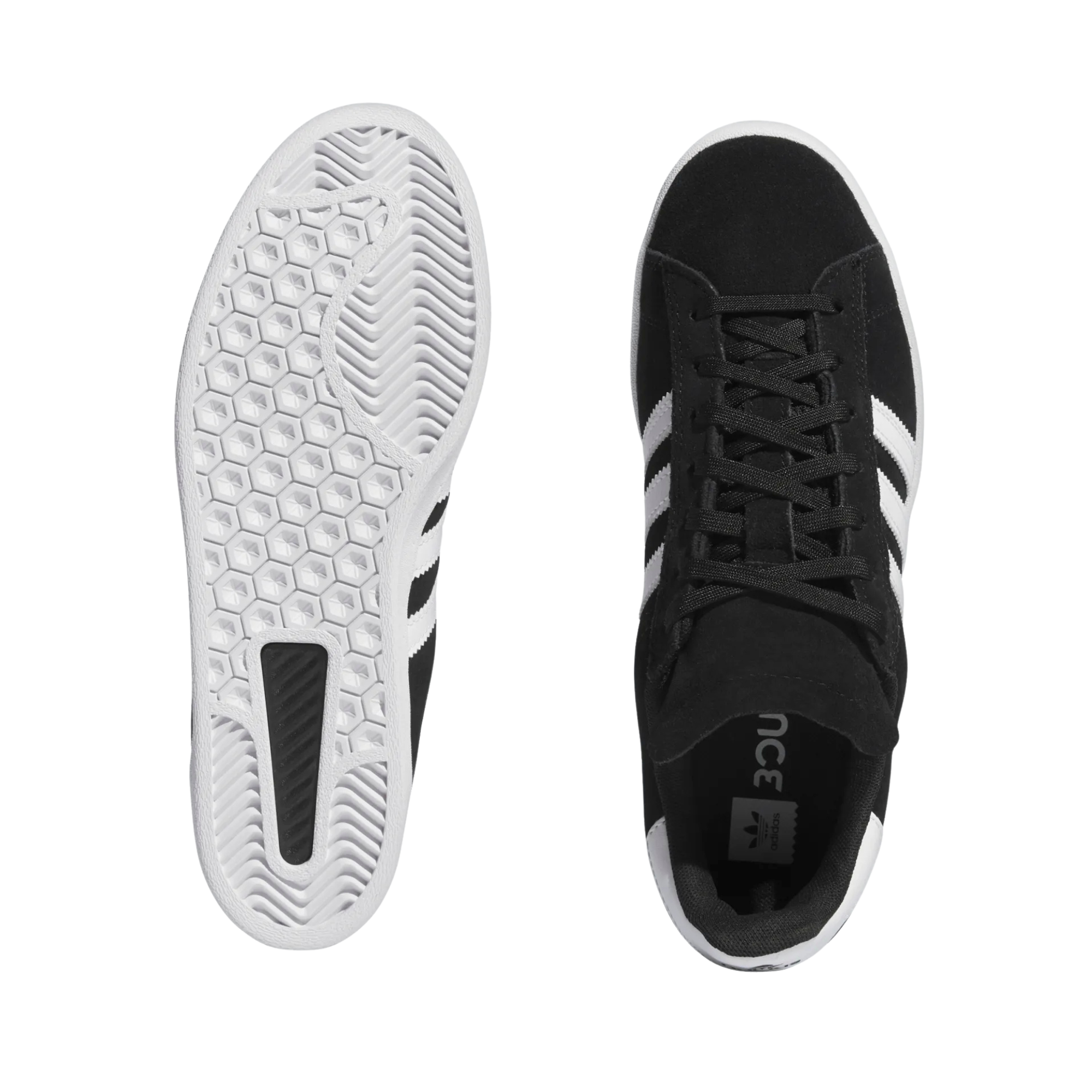 black and white adidas campus adv skateboard shoees on a white background