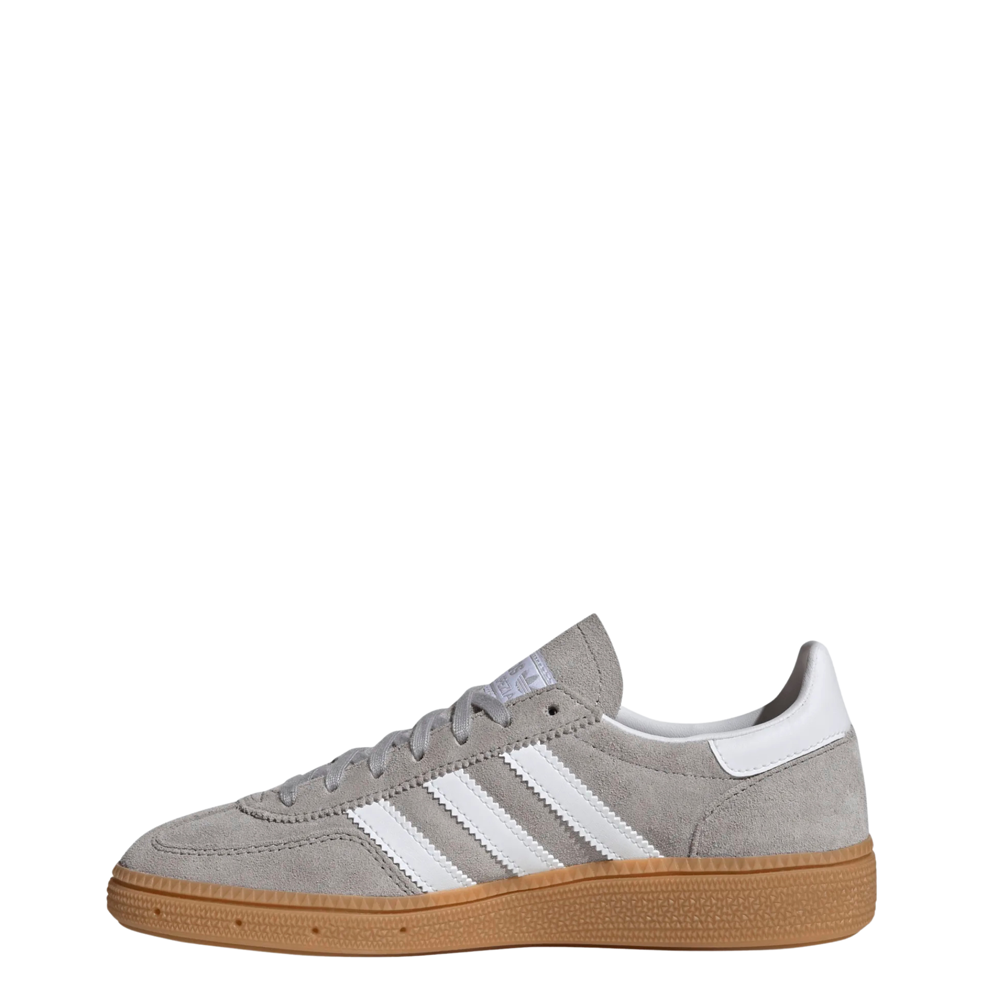 grey adidas handball spezial juniors sneakers with white stripes and gum sole on a white background