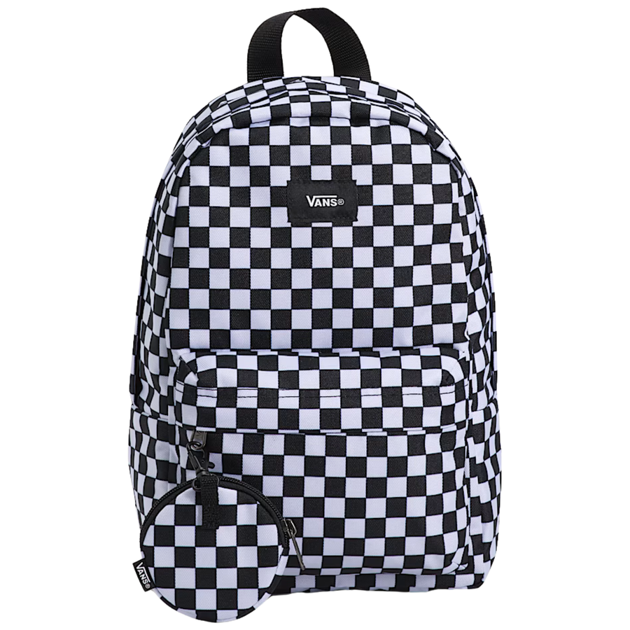black and white checkerboard mini vans backpack on a white background