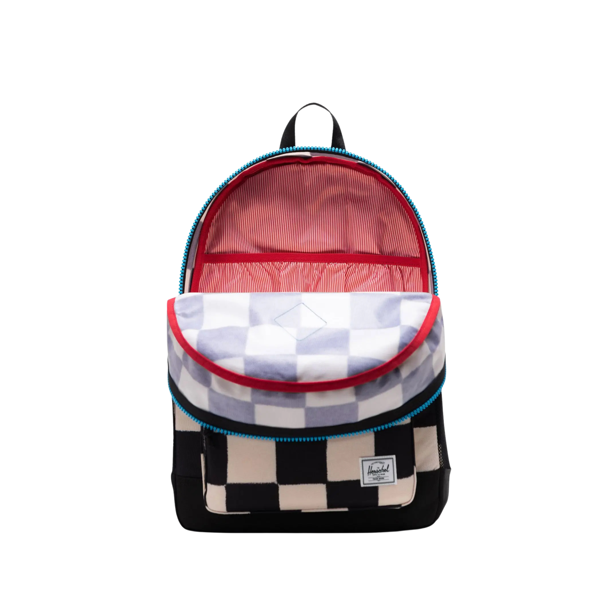 black and white checkerboard herschel youth backpack with blue accents on a white background