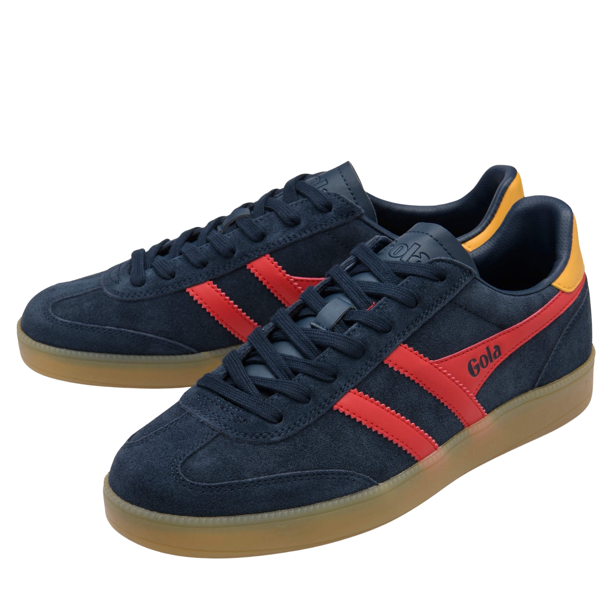 navy blue gola men's viper trainer with red stripes and yellow accent on a gum sole on a white background