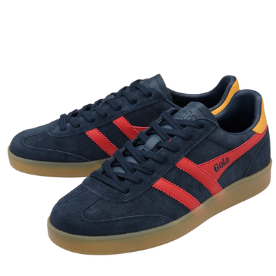 navy blue gola men's viper trainer with red stripes and yellow accent on a gum sole on a white background