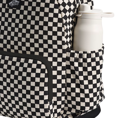 Black and white vans checkered new skool backpack on a white background