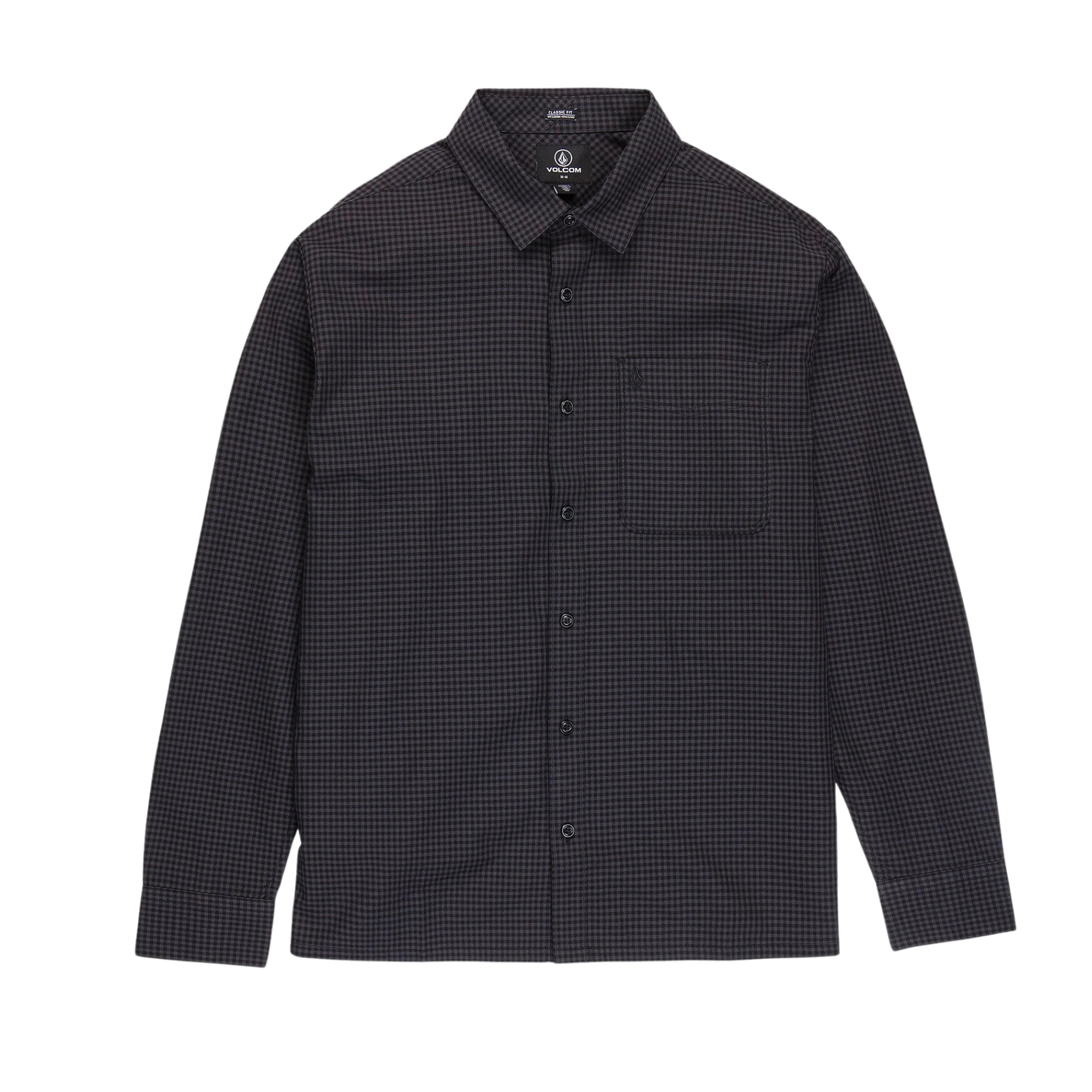 black long sleeve volcom button up shirt for men on a white background