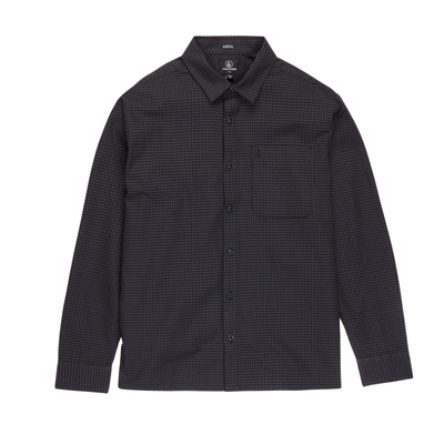 black long sleeve volcom button up shirt for men on a white background