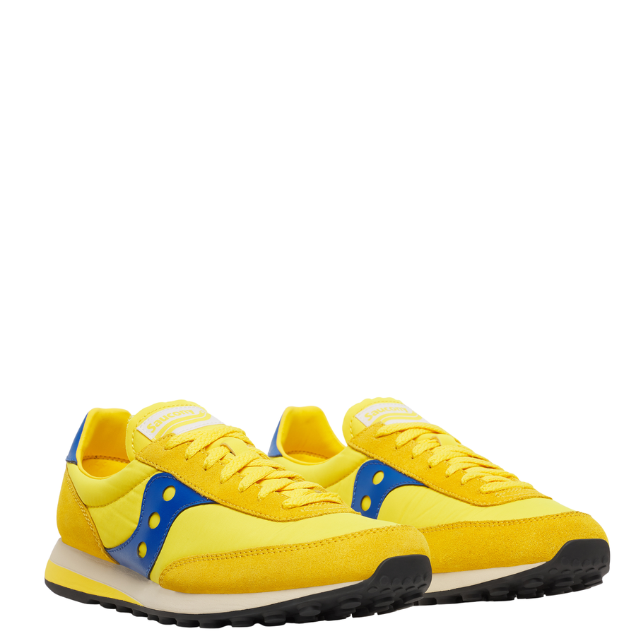 Yellow and blue saucony trainer 80 women's sneaker on a white background