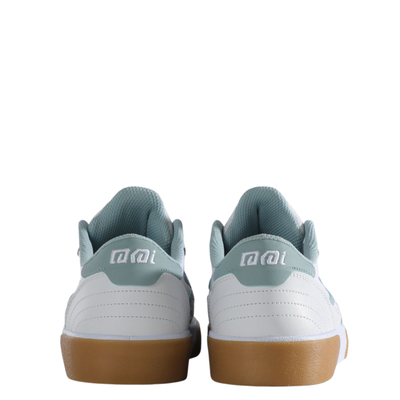 White lakai cambridge elite sneaker with light blue accents and brown sole on a white background