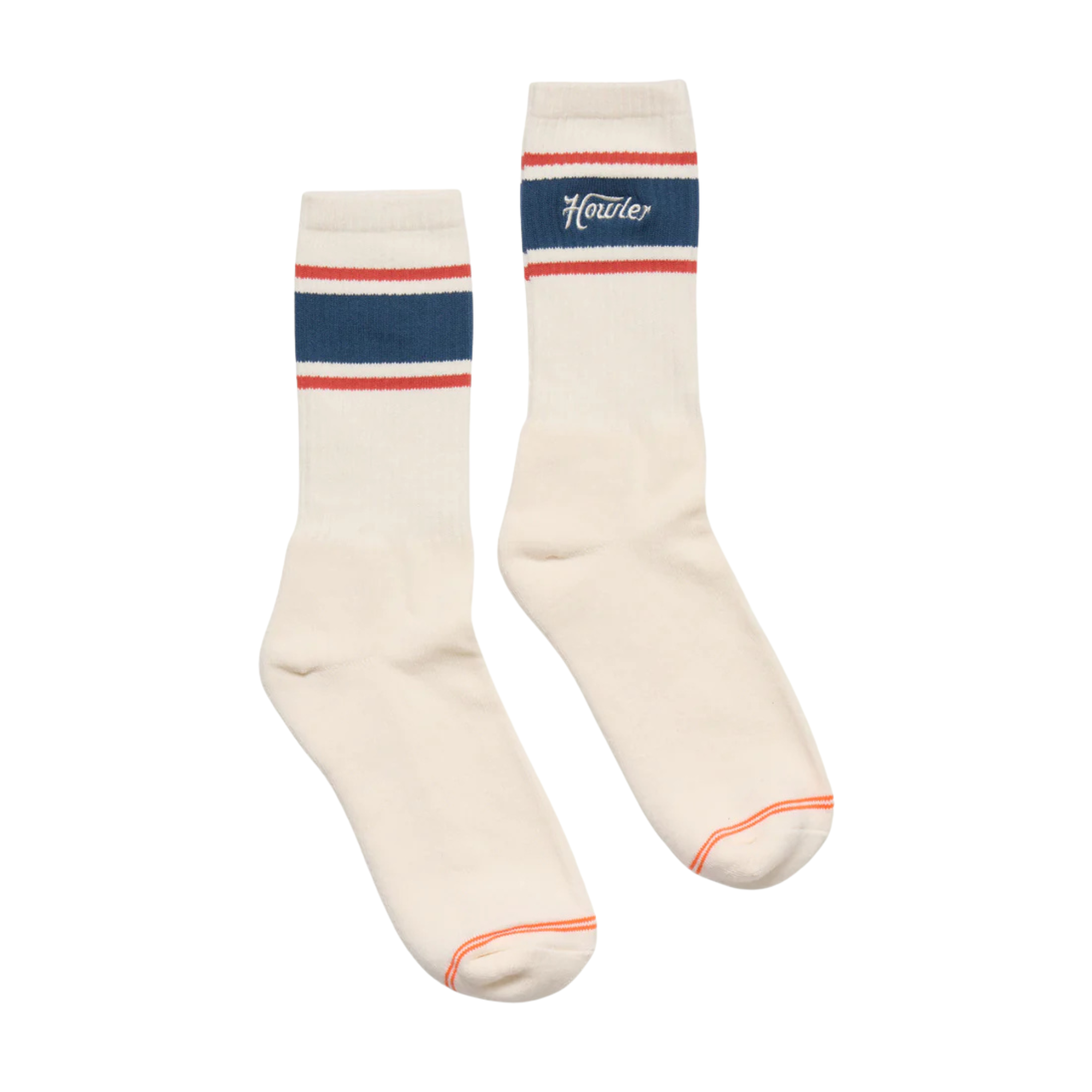 A pair of off-white crew socks with navy and red stripes near the top, featuring the 'howler' logo on the right sock cuff and orange stitching on the toes.