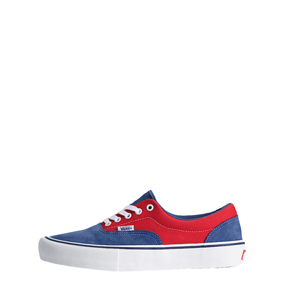 Blue and red vans era skateboard sneaker with white laces on a white background