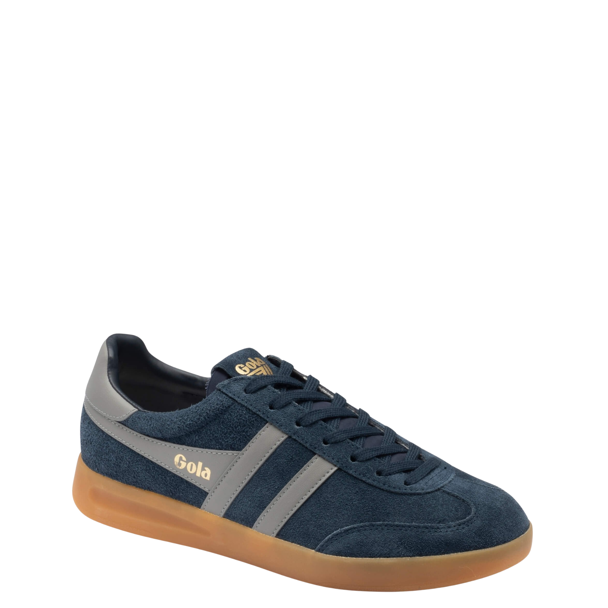 navy blue gola men's cyclone sneaker with grey stripes and gum sole on white background