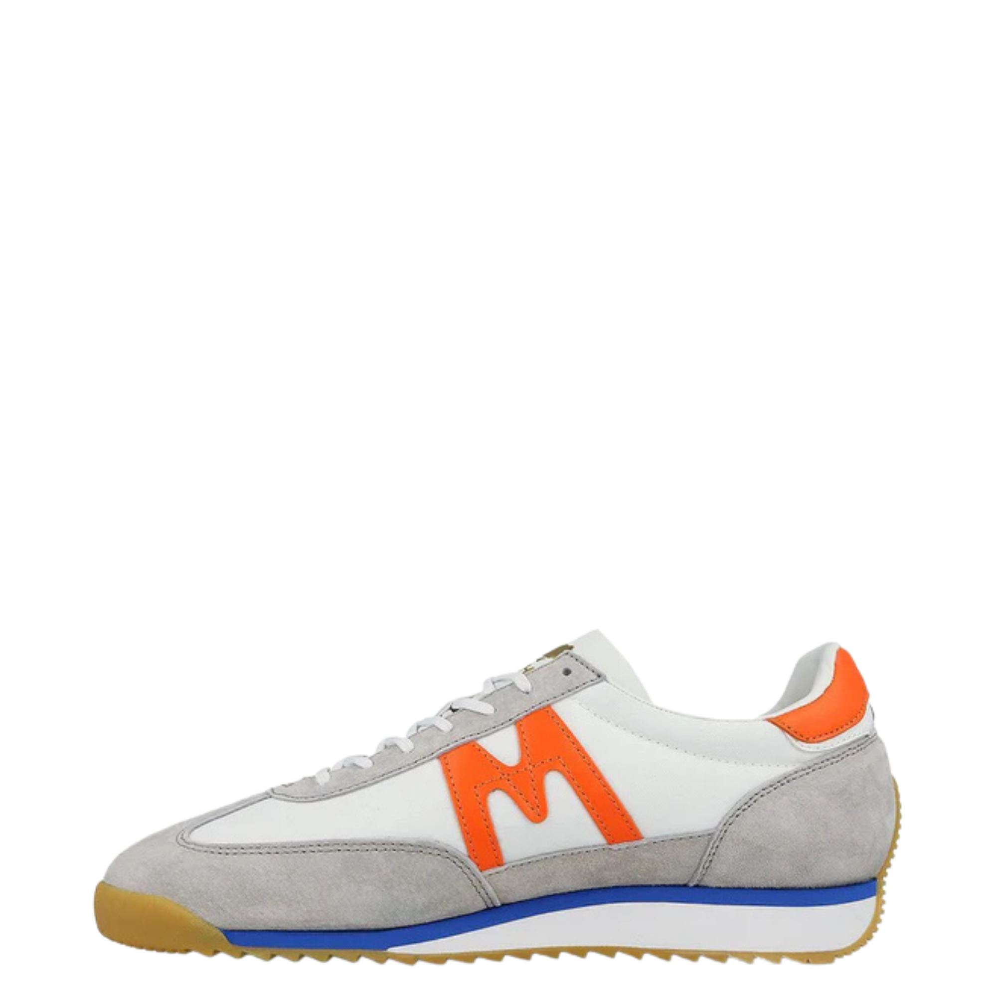 White karhu mestari 76 sneaker with orange 'M' logo on a white background