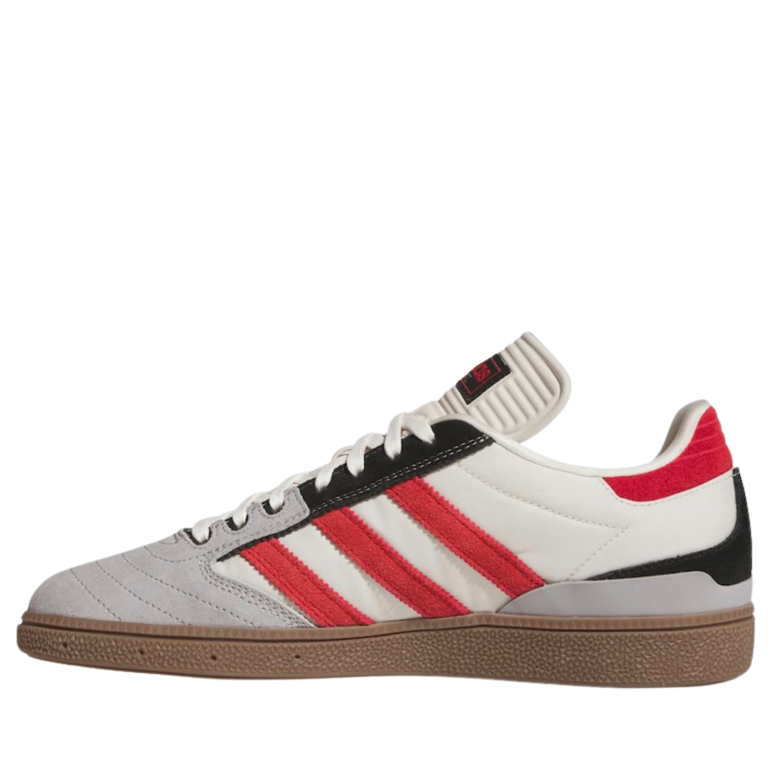 White & grey Adidas busenitz pro sneaker skateboard shoe with red and black stripes on a white background