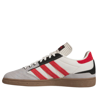 White & grey Adidas busenitz pro sneaker skateboard shoe with red and black stripes on a white background