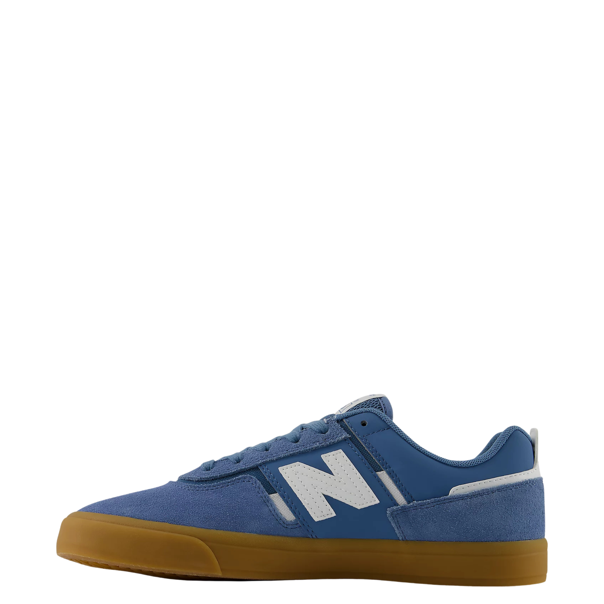 blue men's new balance numeric jamie foy 306 skate shoe with grey details and gum sole on a white background