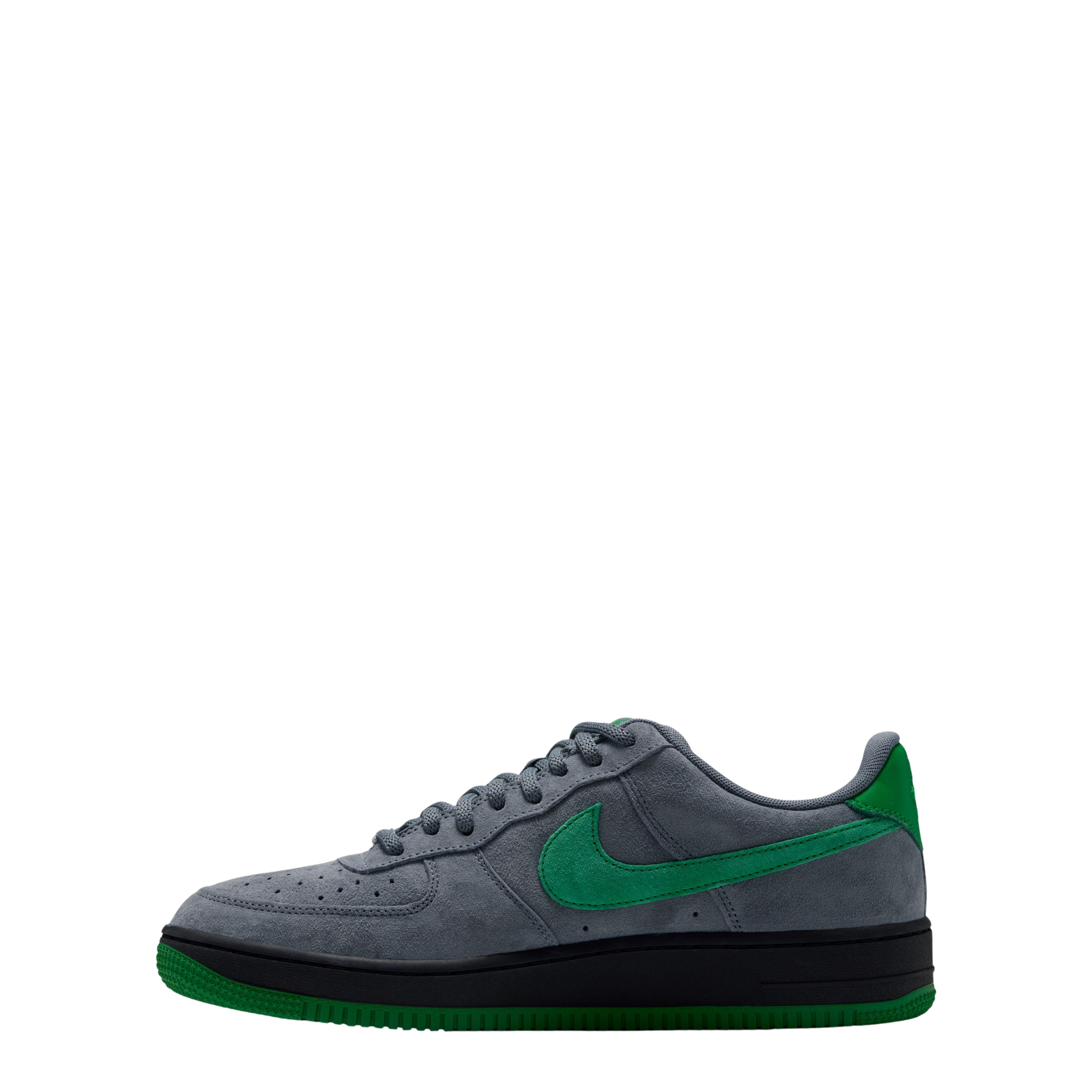 grey nike sb x nocturnal air force 1 with green swoosh and black and green sole on a white background
