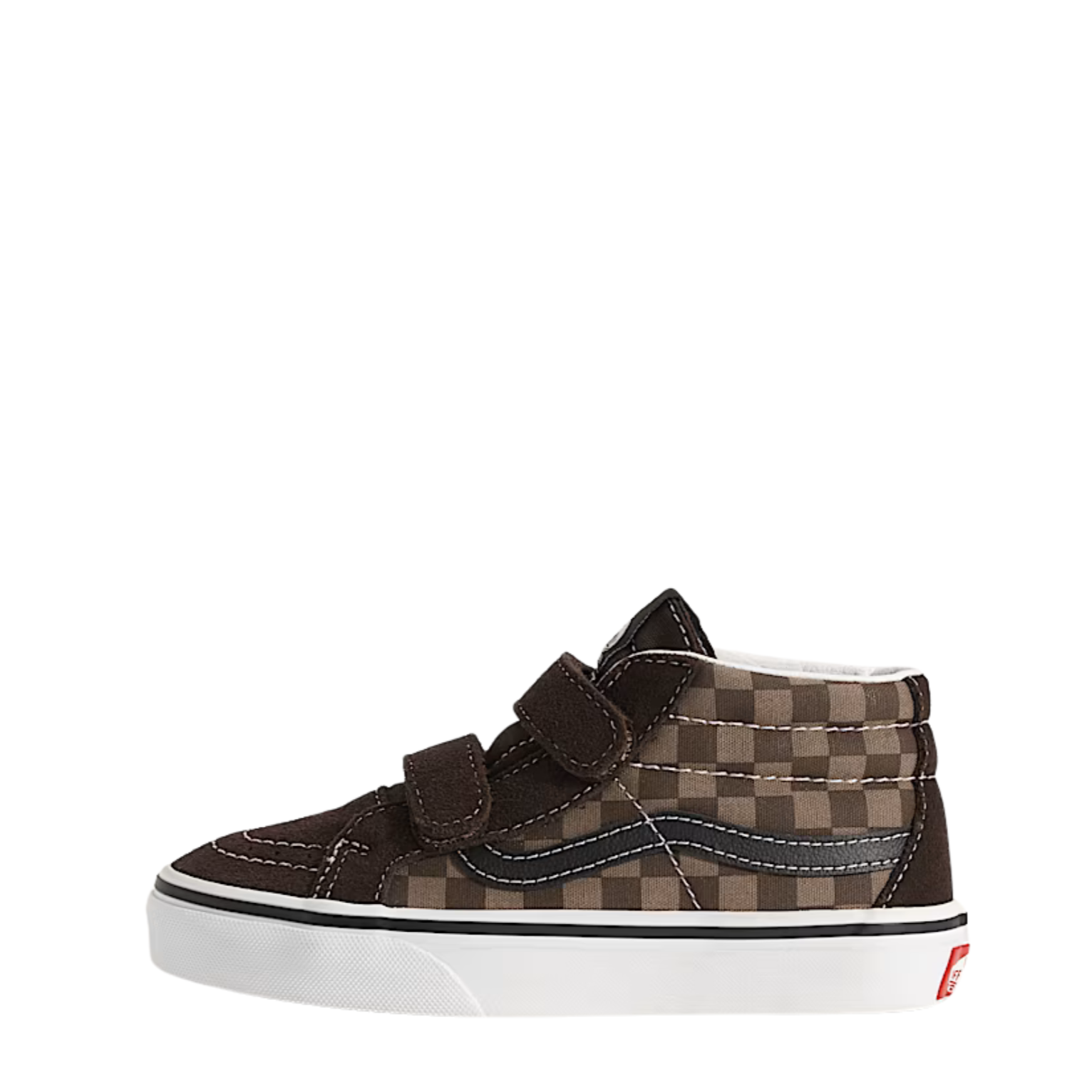 Brown checkered Vans kid's and toddler sk8-mid sneaker on a white background