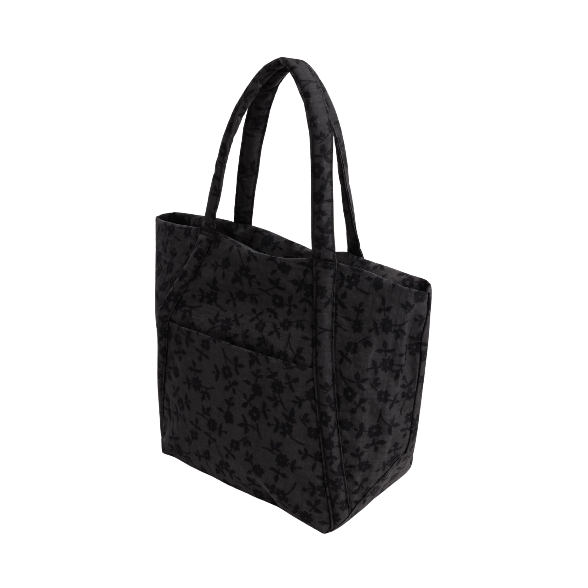 A black baggu cloud tote bag with a subtle tonal floral pattern and dual shoulder straps, shown against a plain white background.