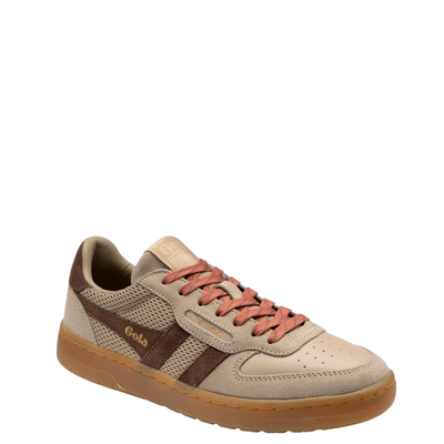 Light tan gola hawk '93 women's sneakers with dark brown stripe, pink laces and gum sole on a white background