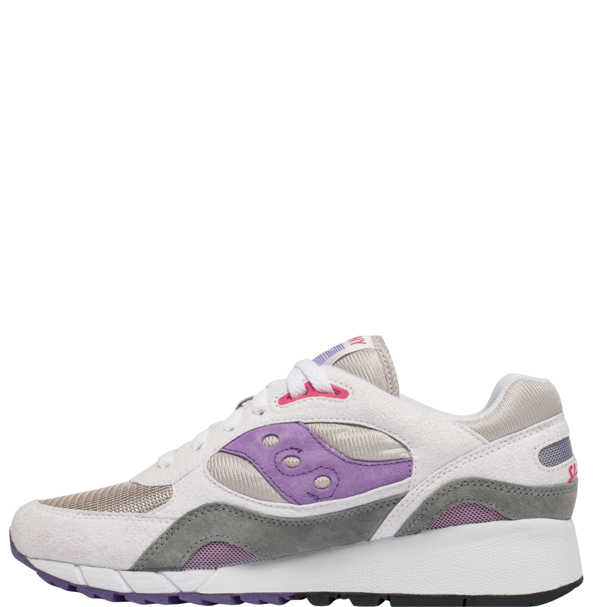 White, gray, and purple saucony shadow 6000 sneakers on a white background