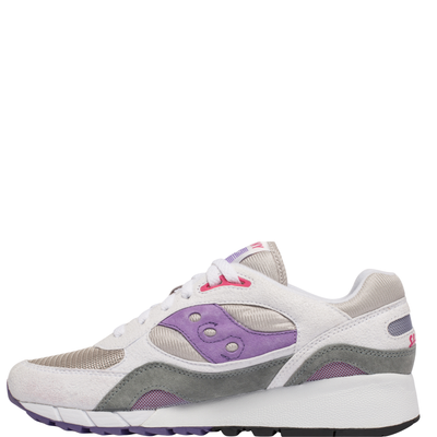 White, gray, and purple saucony shadow 6000 sneakers on a white background