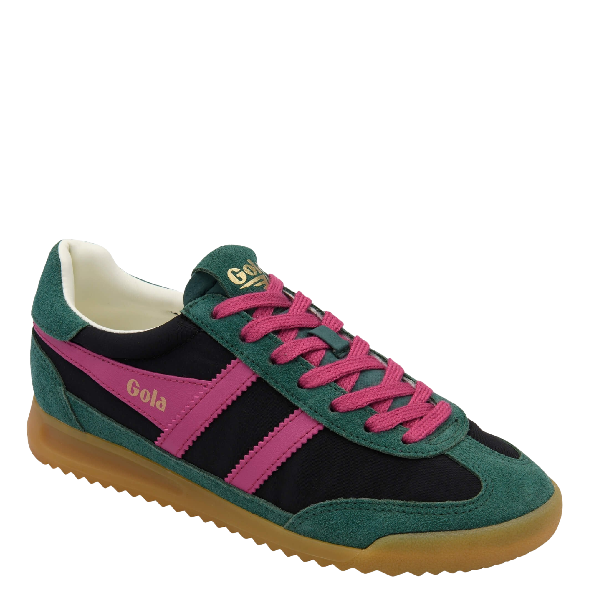 Green and black gola firefly women's sneaker with pink accents on a white background