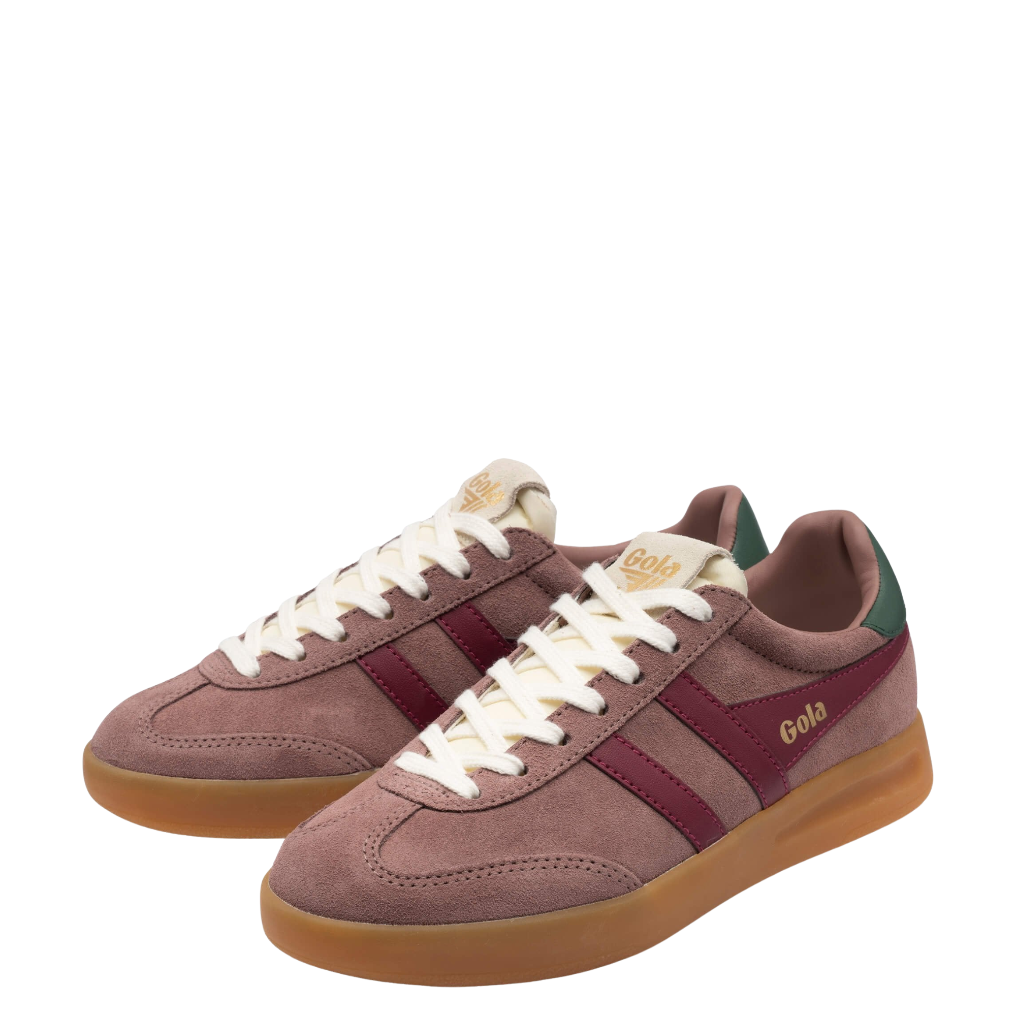 pink gola women's cyclon sneaker with blush pink suede upper, dark pink leather stripes and green leather detail in the back on a white background
