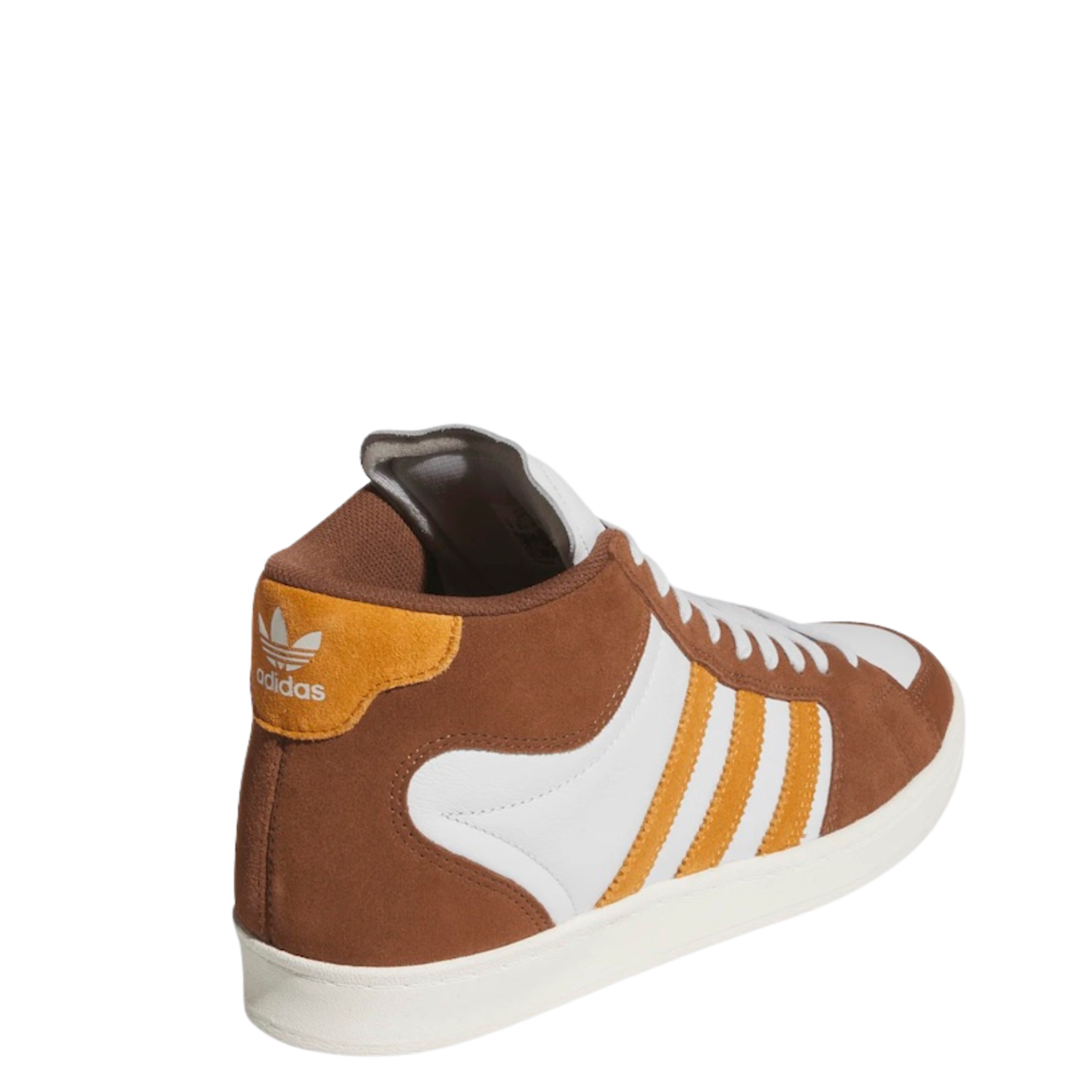 Brown and white Adidas superskate skateboard sneaker with orange accents on a white background