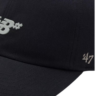 Black new balance numeric clean up hat with a logo on a white background