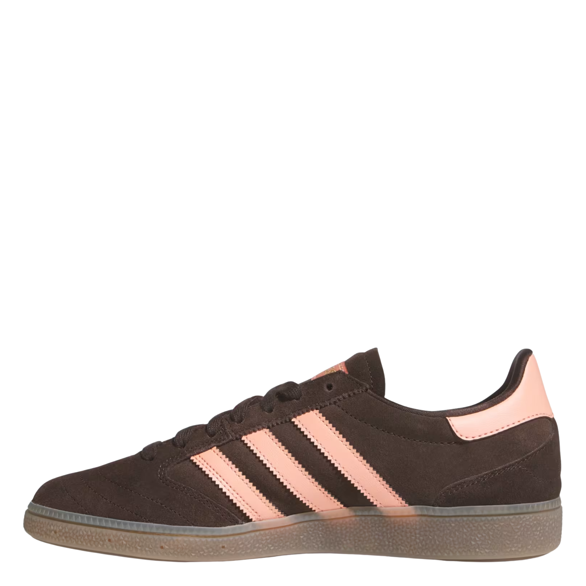 Brown Adidas busentiz adv skate sneaker with pink accents on a white background