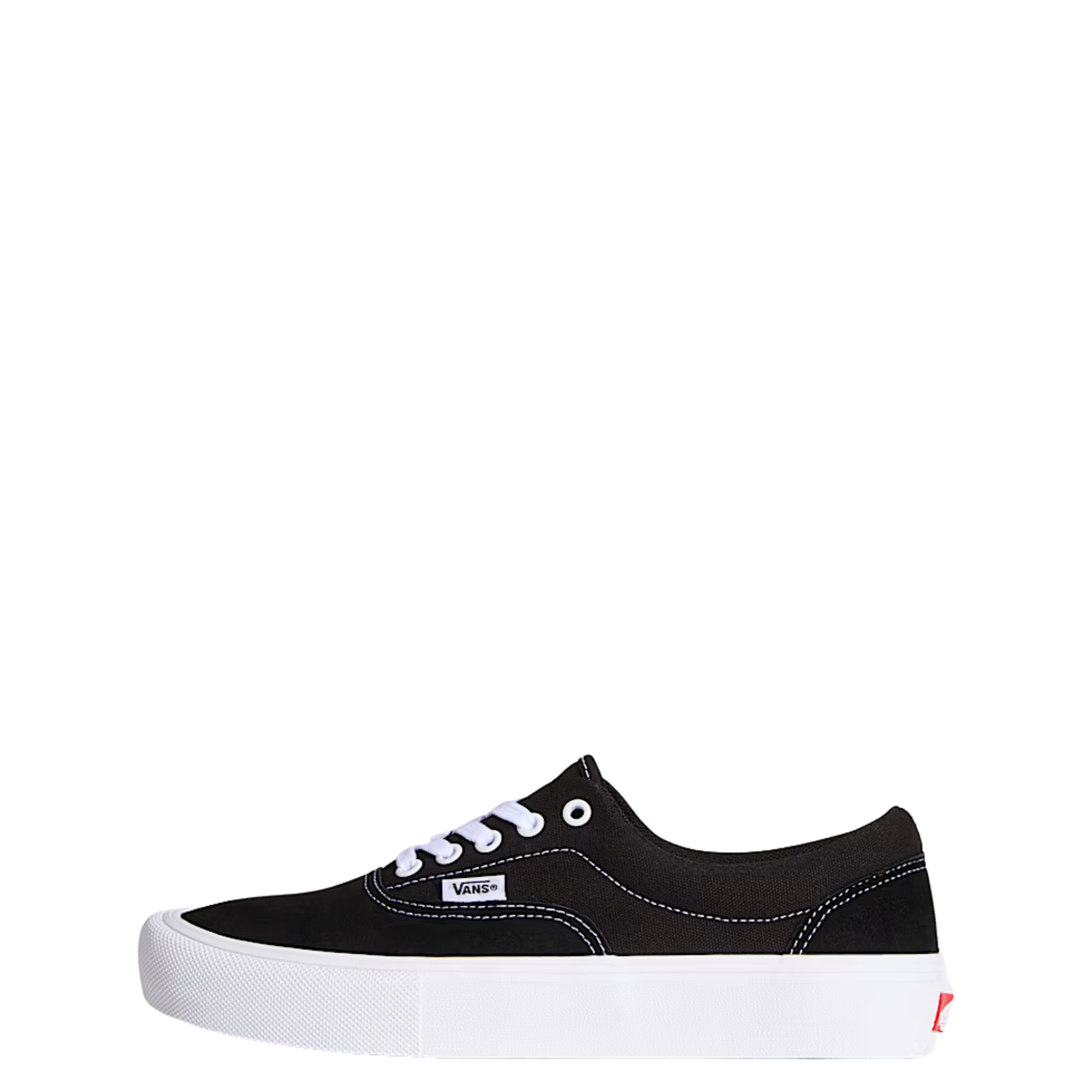 Black and white vans skate era sneaker with white laces on a white background