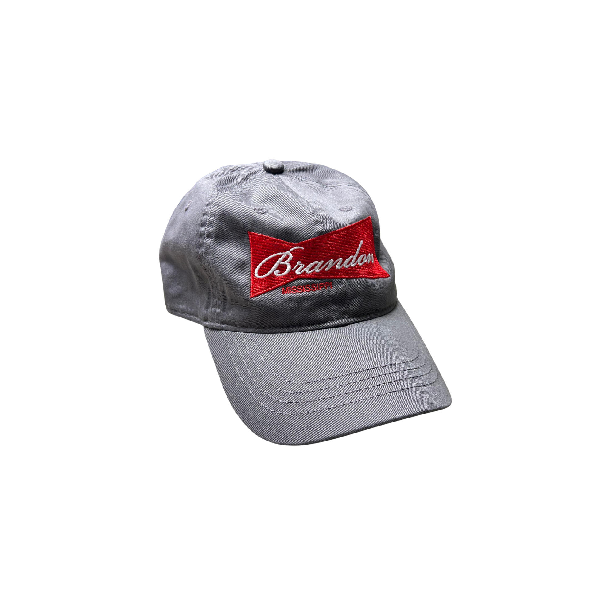 gray hat featuring a vintage budweiser logo win red with brandon mississippi in white
