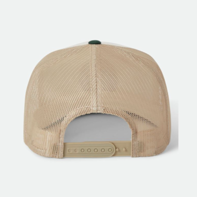 brixton oath Trucker hat with beige and green colors on a white background