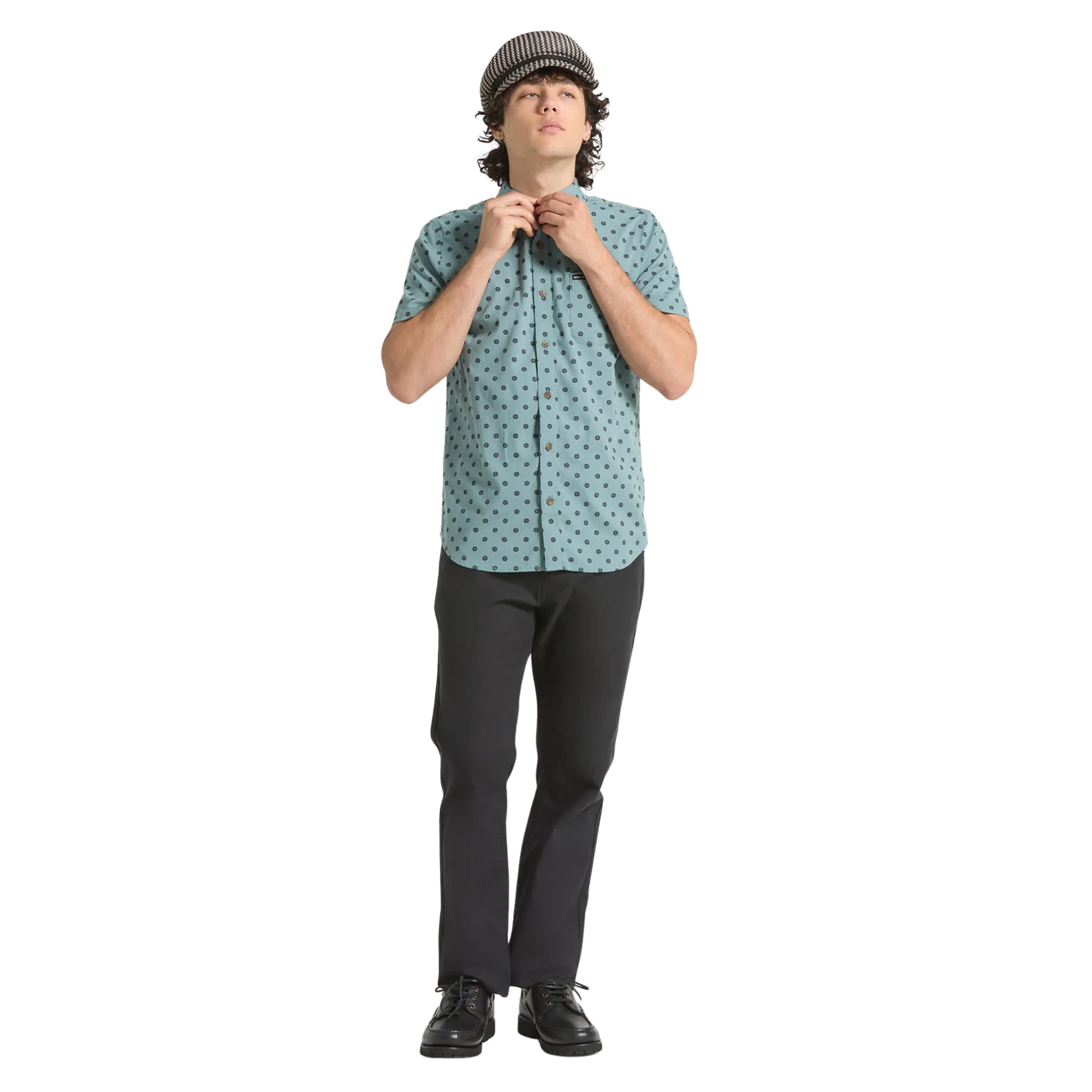 blue brixton charter print short sleeve woven men's shirt with contrast pattern on a person