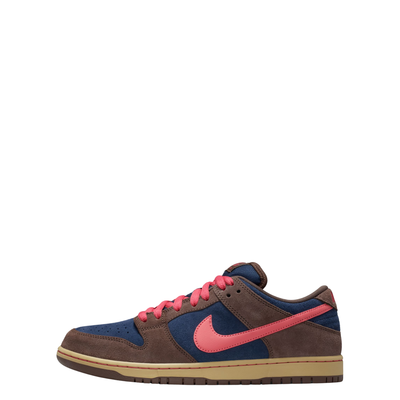 nike sb dunk low Sneaker with brown, blue, and pink color scheme on a white background