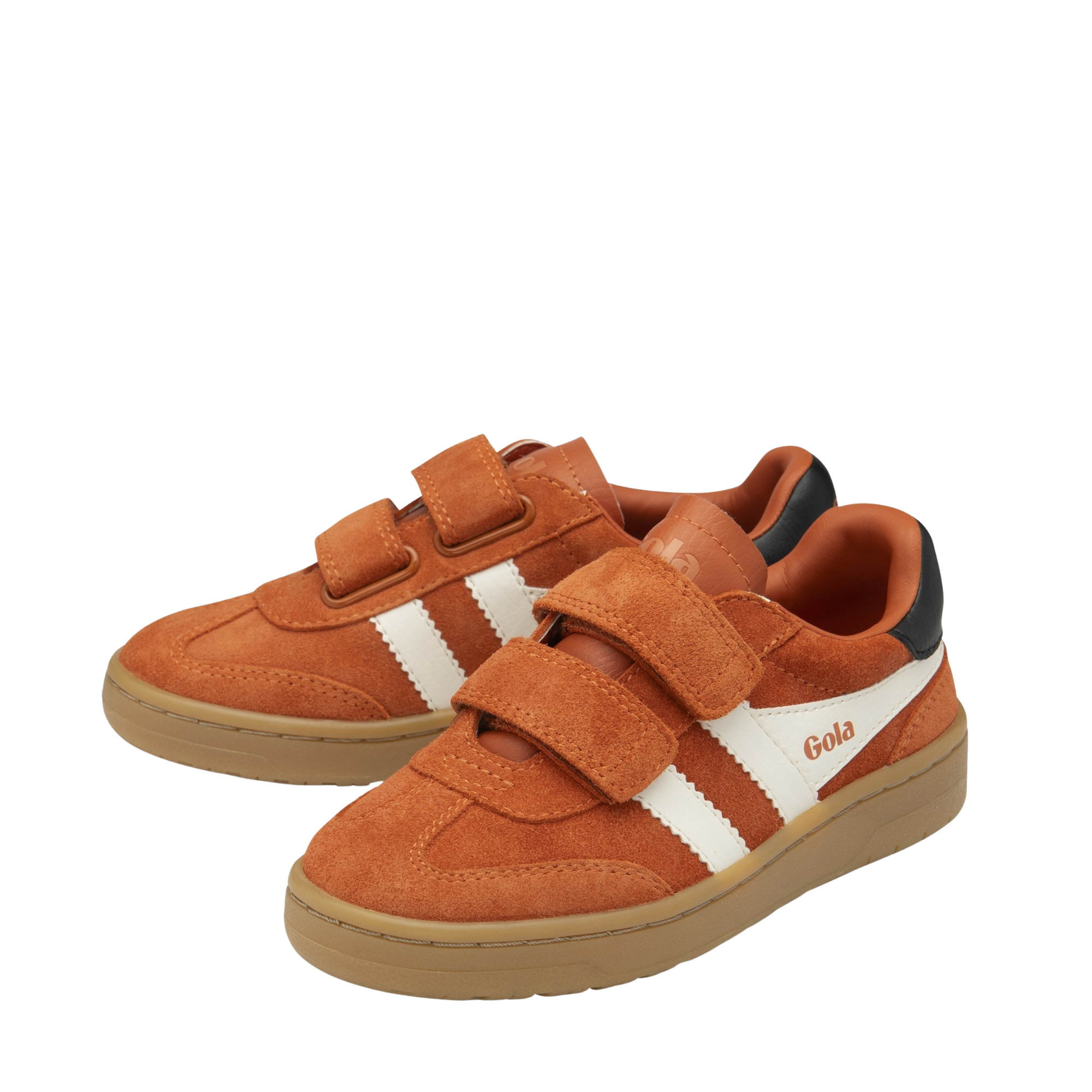 Orange gola children's viper sneaker with white stripes and brown sole on a white background