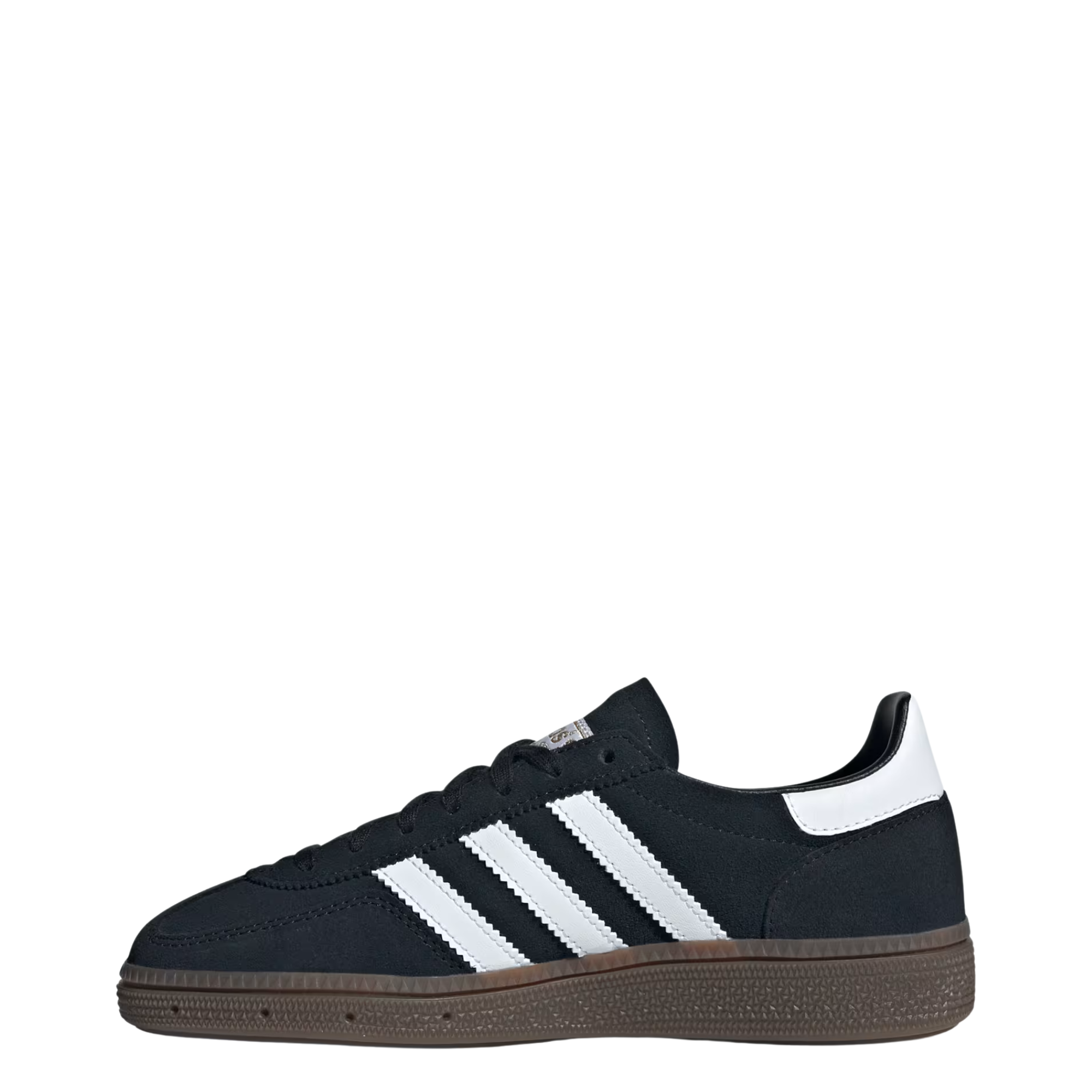 black samba handball espezial junior in black with white stripes and gum sole on a white background