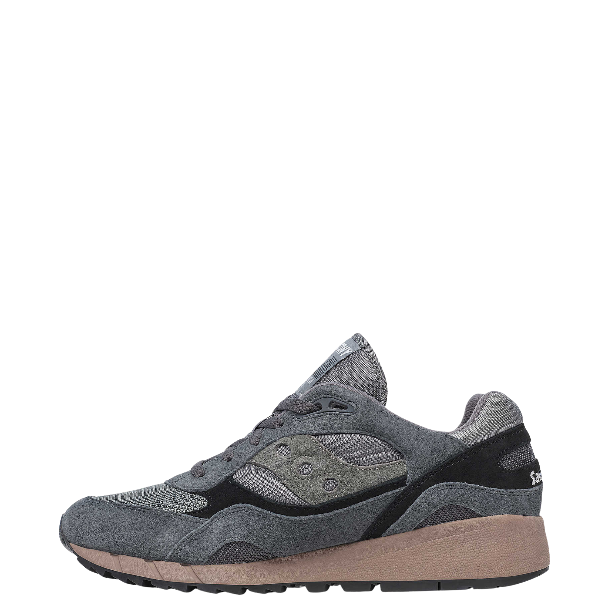 Gray men's saucony 6000 sneaker with brown sole on a white background