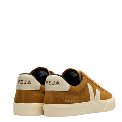 brown veja campo suede women's sneaker with off white laces, logo and sole on a white background