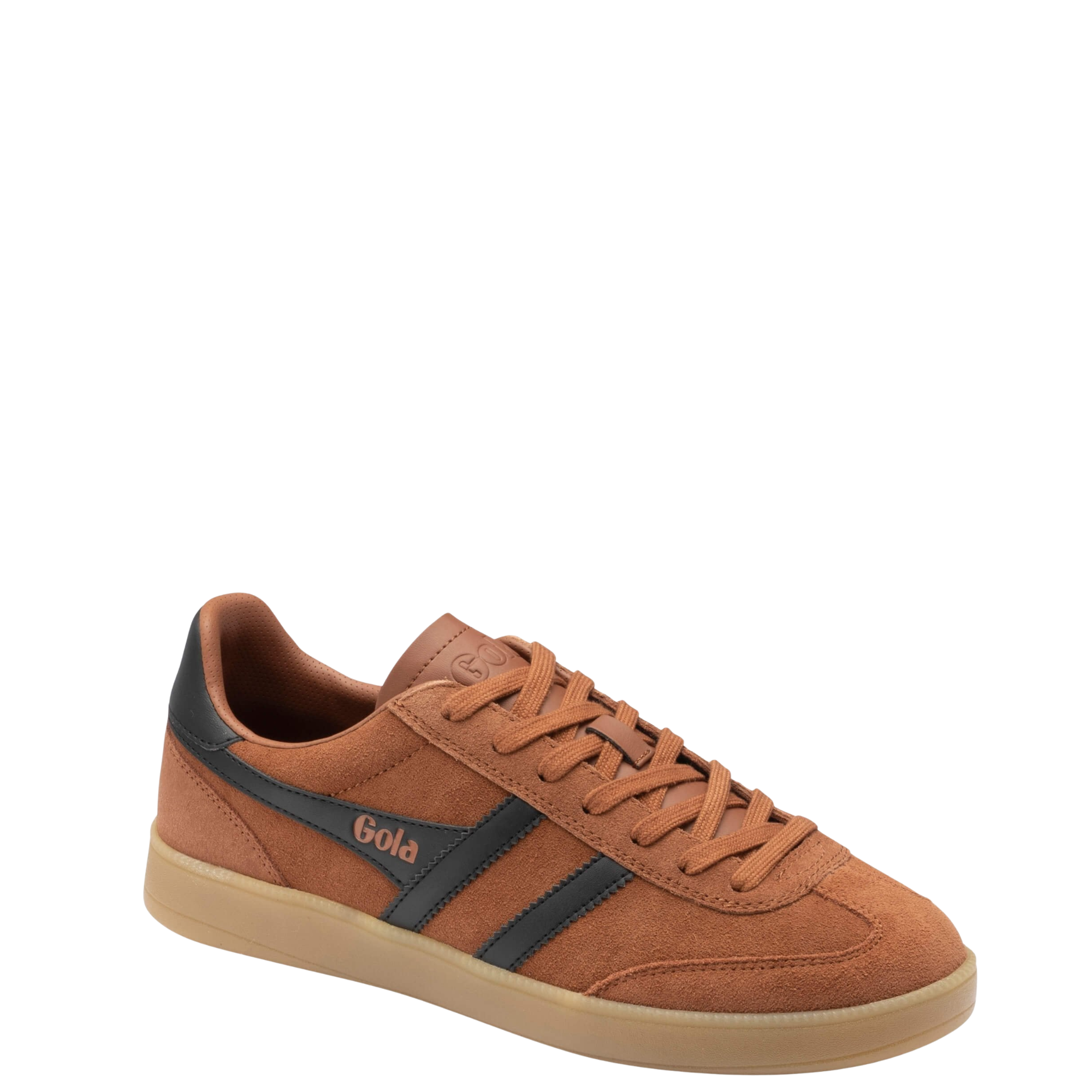 orange men's gola viper trainer with black stripes and gum sole on a white back ground